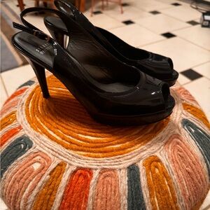 Stuart Weitzman Midnight Blue Patent Peep-Toe Slingback Heels